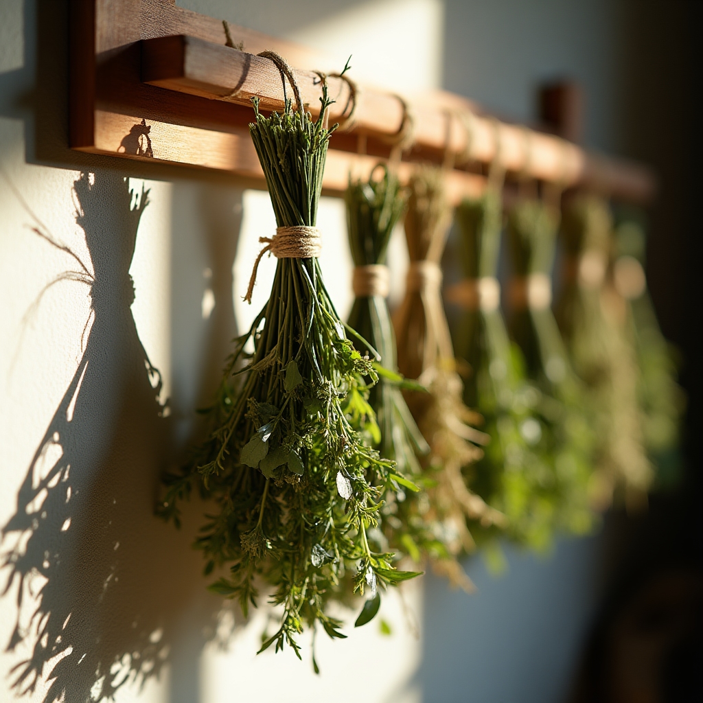 Bundles of foraged herbs hanging to dry on a wooden rack for preservation