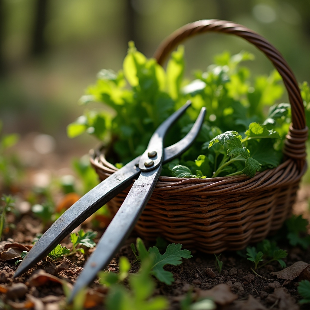 Foraging shears and basket set up for a low-impact harvest