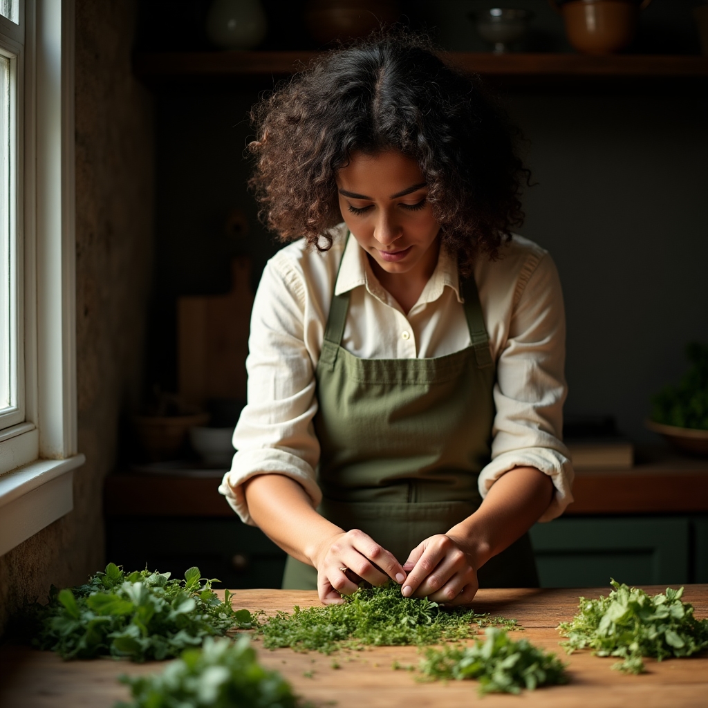 Hands sorting freshly harvested wild greens on a wooden kitchen table