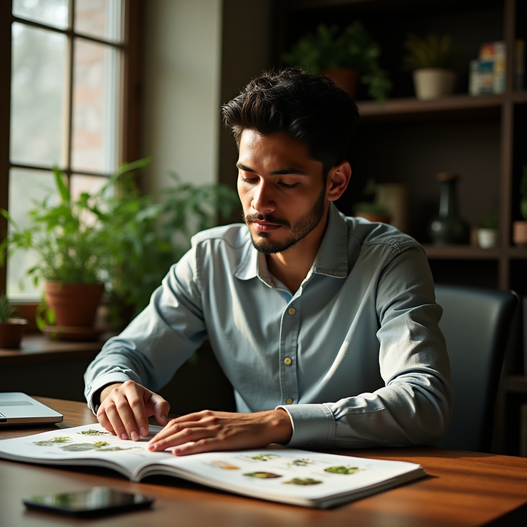 Person reviewing foraging course material at an organized home office desk