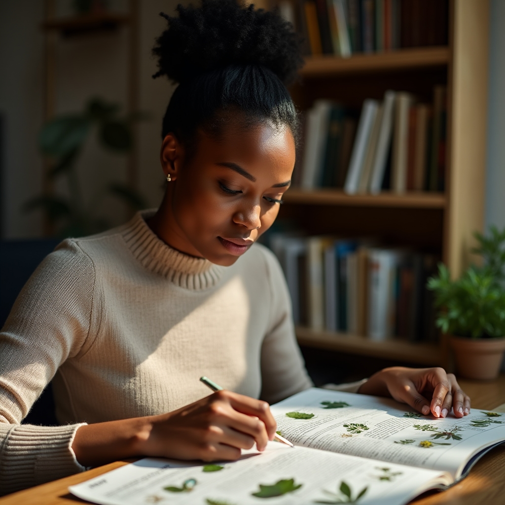 Person reviewing a printed field guide with plant photographs at a home desk