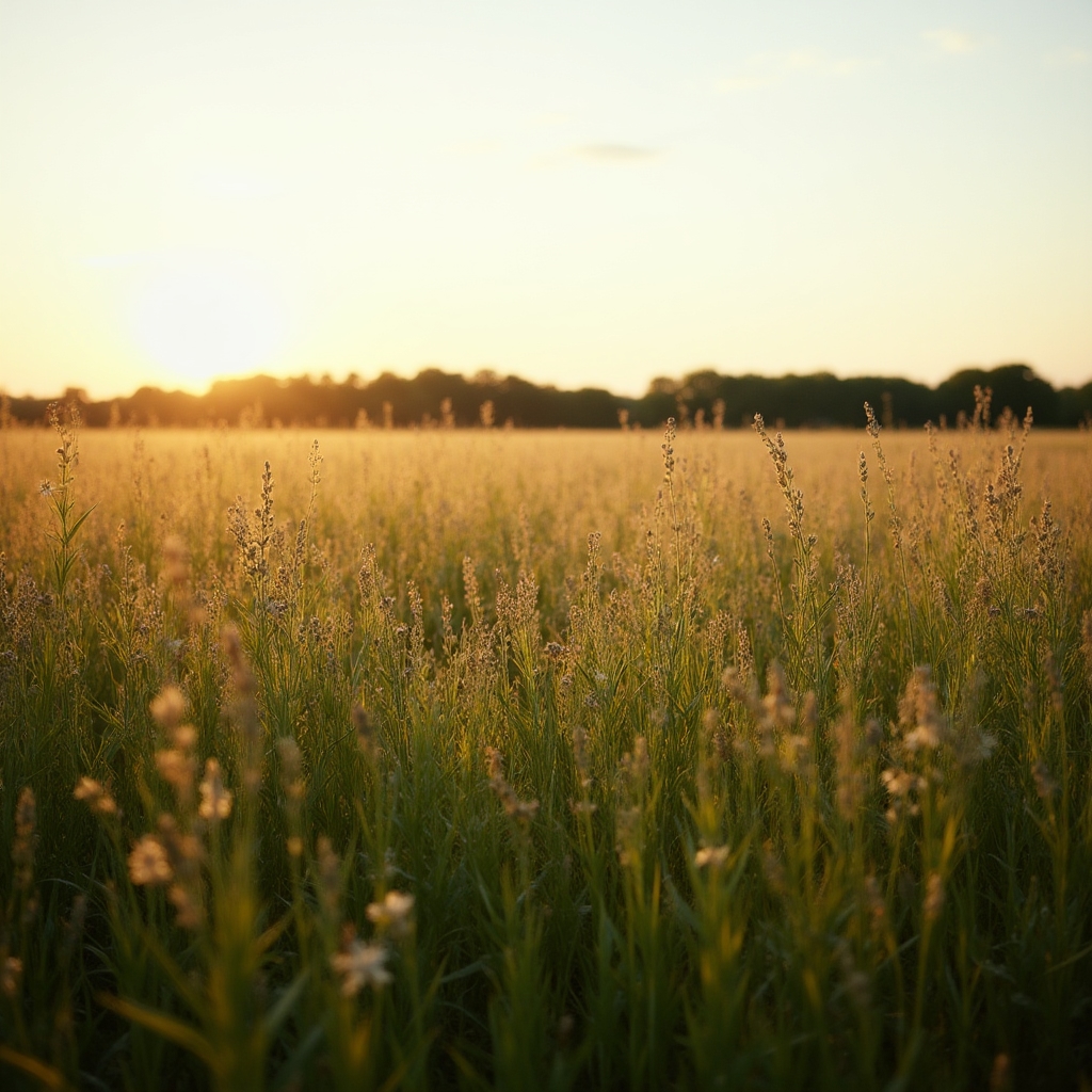 Open Midwest prairie grassland with scattered wild edible plants