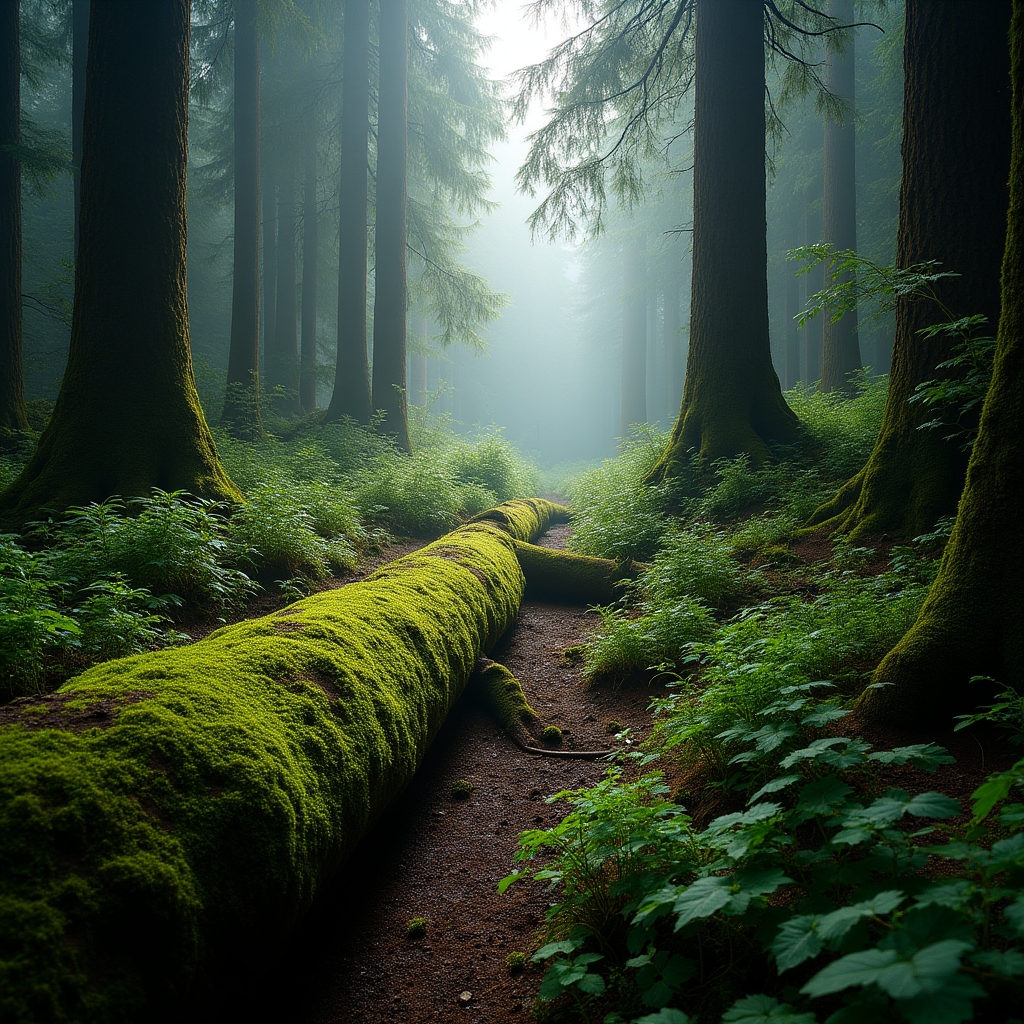 Dense evergreen forest floor in the Pacific Northwest with understory foraging plants