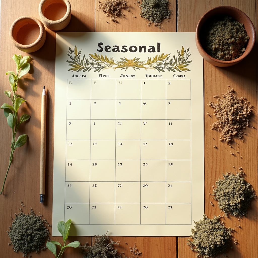 Flat lay of a printed seasonal harvest calendar surrounded by dried herbs