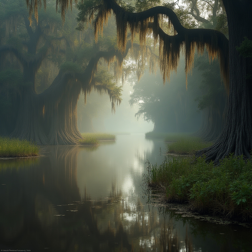 Humid Southeastern wetland with edible aquatic and marsh plants